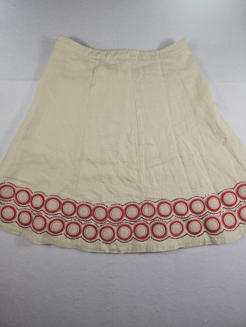 J. Crew Women's 100% Linen Cream A-Line Skirt with Red Embroidered Hem Size 2